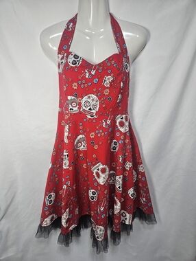 Oten Red Sugar Skull Halter Dress Womens M Goth Y2K Dia de los Muertos Tulle Hem
